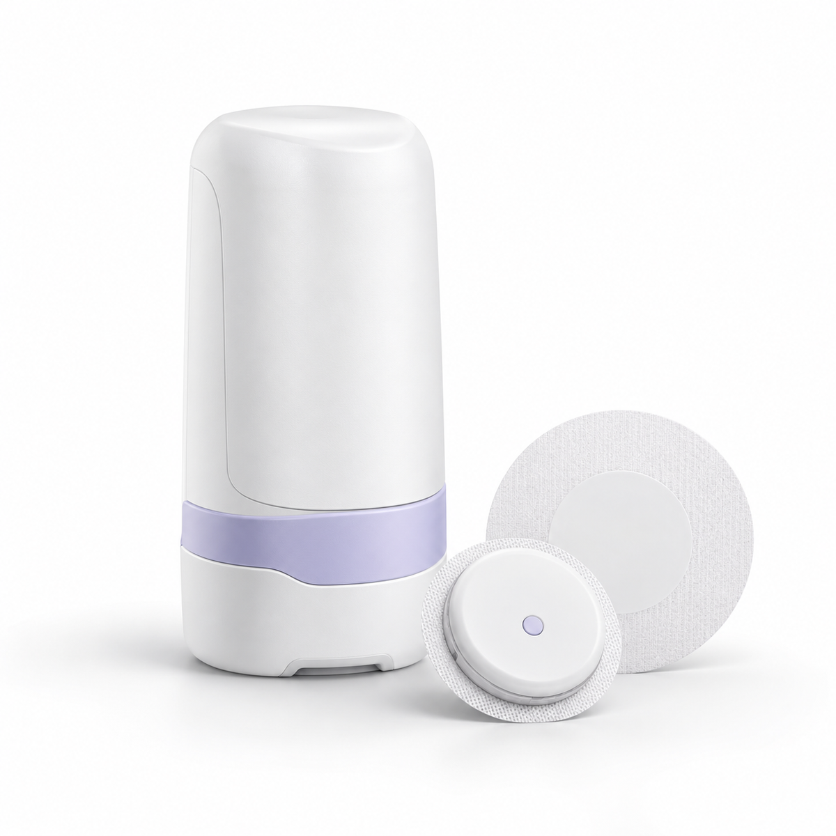 Syai Ultra Continuous Glucose Monitor — applicator, sensor, and adhesive patches on white background (illustrative product image)