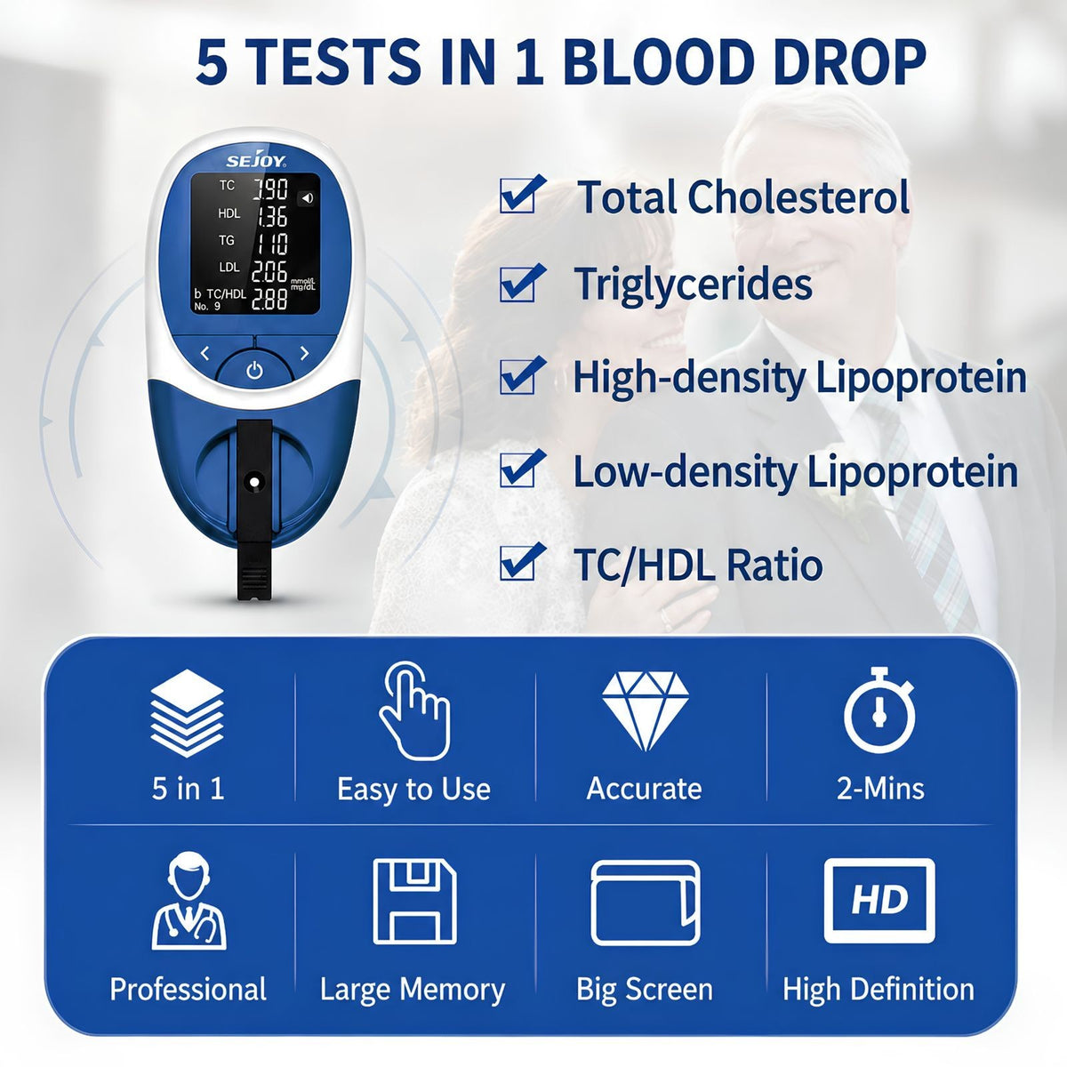 Cholesterol Test Kit Home 5-in-1 Blood Lipid Monitor HDL LDL Triglycerides Meter