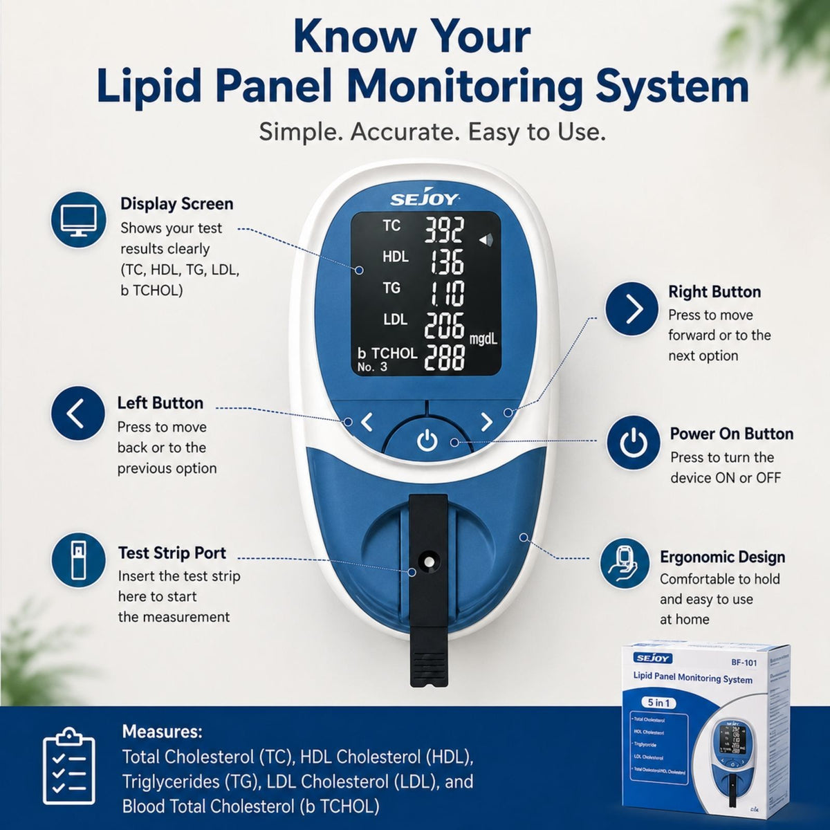 Cholesterol Test Kit Home 5-in-1 Blood Lipid Monitor HDL LDL Triglycerides Meter